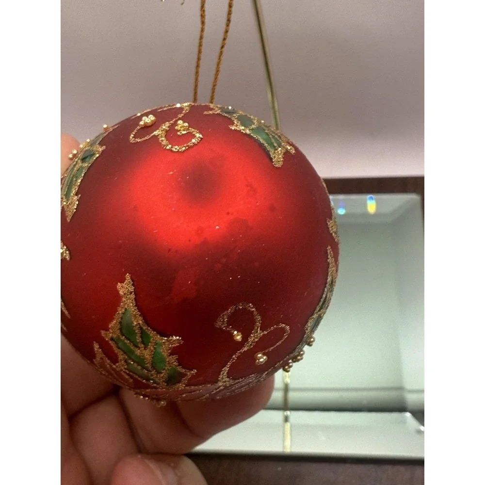 Dept‎ 56 Hand Crafted Glass Egg Ornament RED poinsettia Gold Glitter